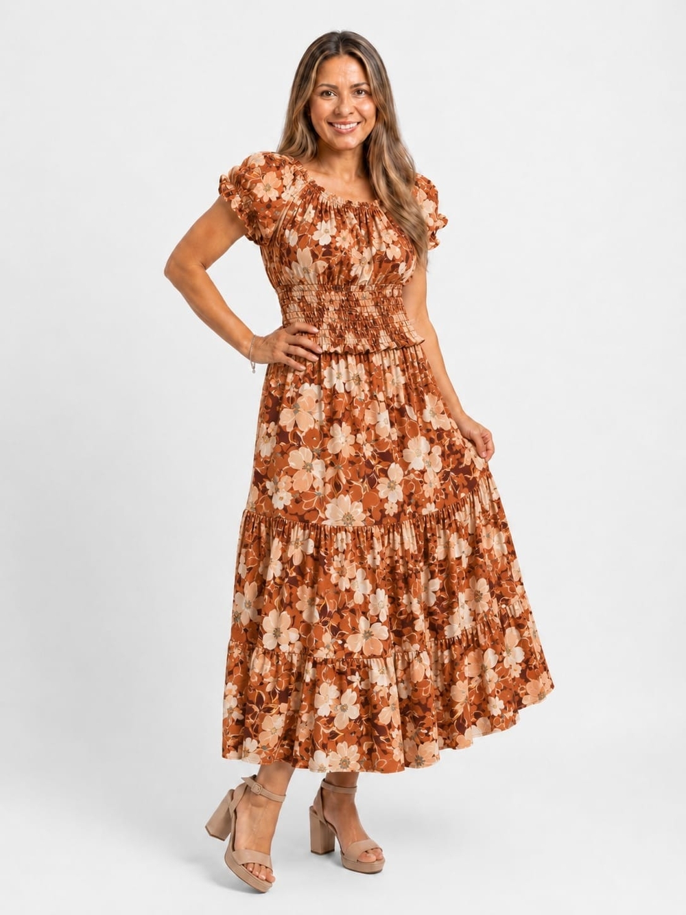 Trixxi Rust and Cream Floral Smocked Maxi Dress